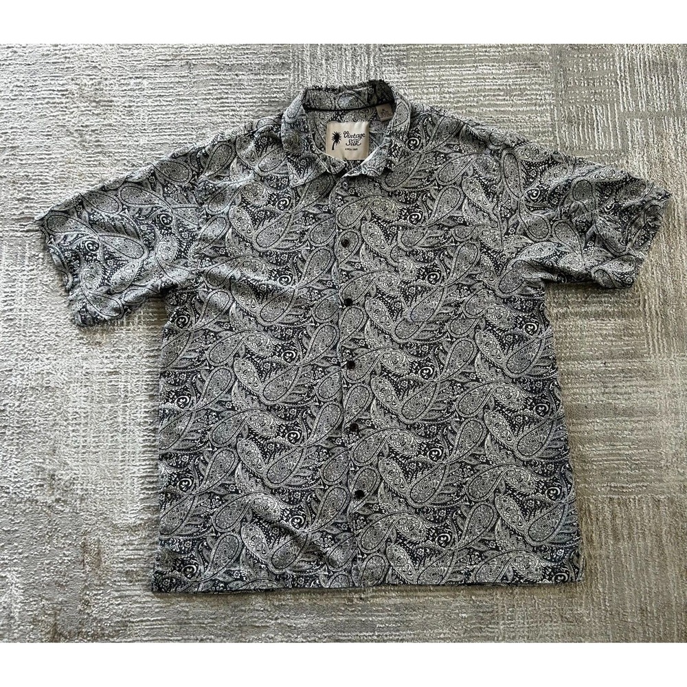 Vintage Silk Hawaiian Shirt Mens XL Black White Paisley Print Collared Button Up - Picture 3 of 11